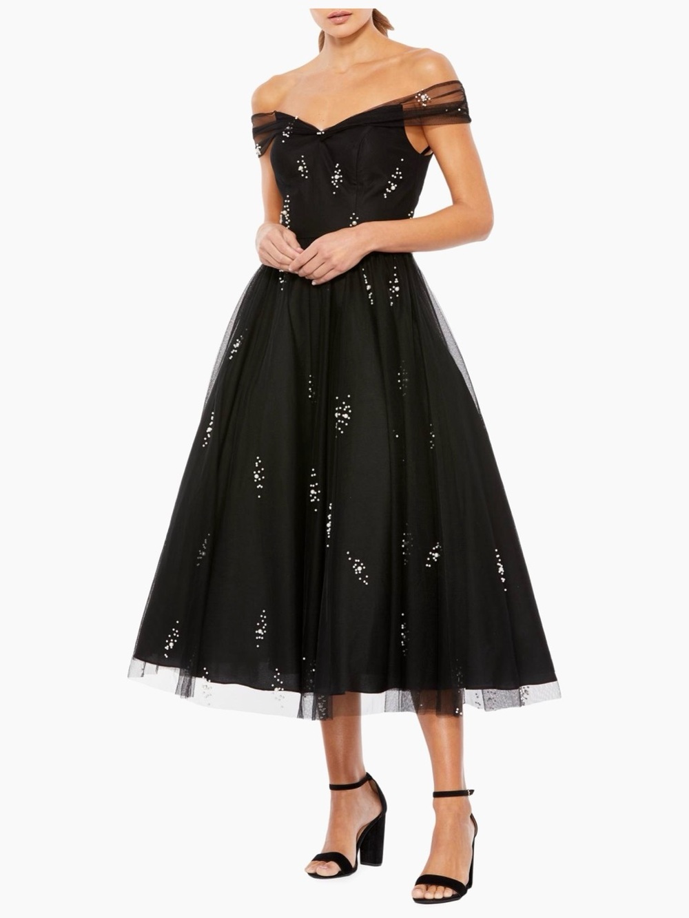 Mac Duggal Black One-Shoulder Sequin Tulle Midi Dress